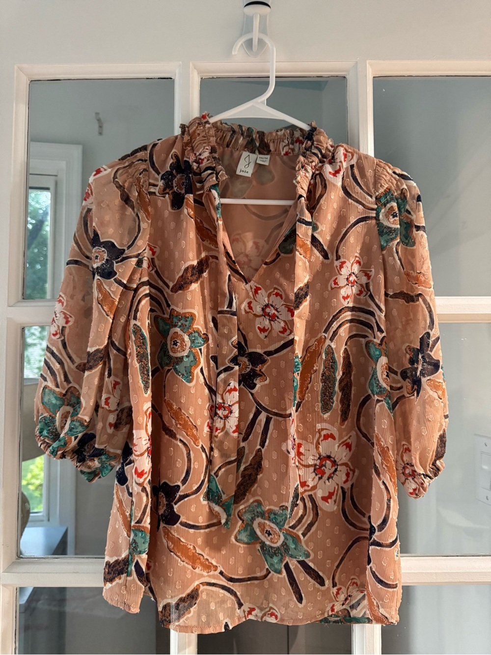 Joie Beige Floral Blouse with Teal and Navy Accents Size XS